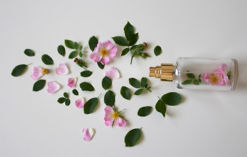Flores exparcidas en un fondo blanco y dentro de un frasco de cristal